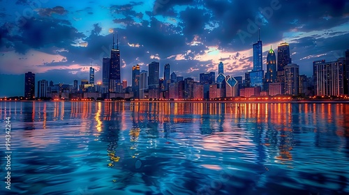 Chicago Skyline at Sunset with Reflections