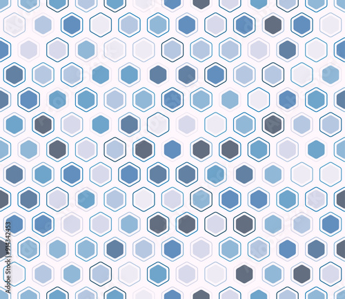Seamless hexagon pattern. Rounded hexagons mosaic cells with padding and inner solid cells. Hexagon pattern. Multiple tones color palette. Seamless pattern. Tileable vector illustration.