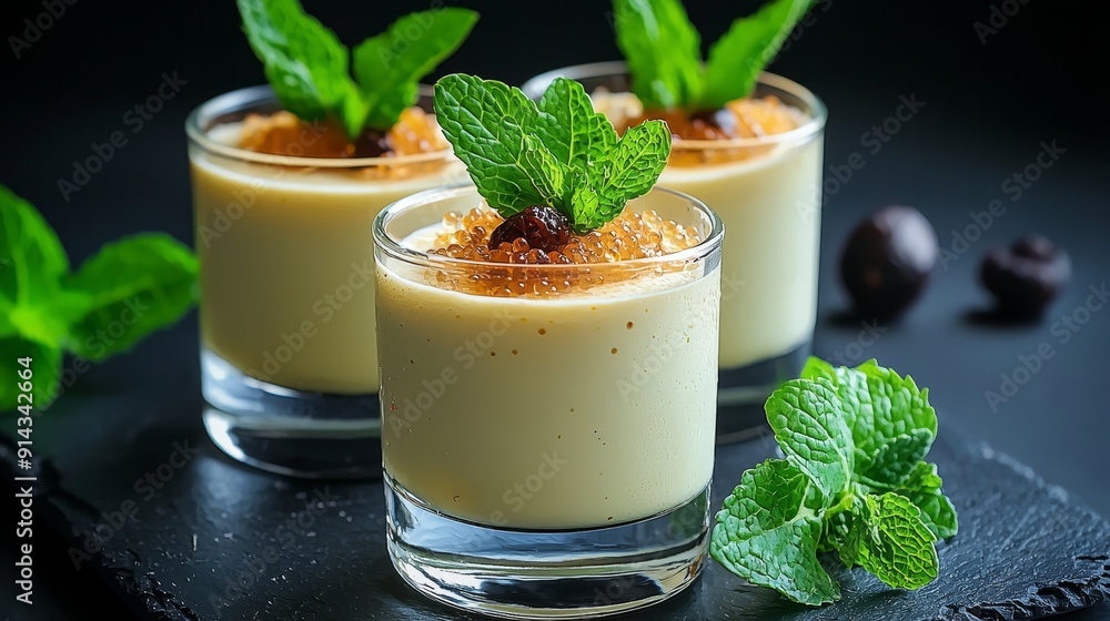 Delightful dessert cups with creamy texture, garnished with mint leaves, perfect for special occasions and culinary presentations. Delightful dessert cups with creamy texture, garnished with mint leaves, perfect for special occasions and culinary presentations.