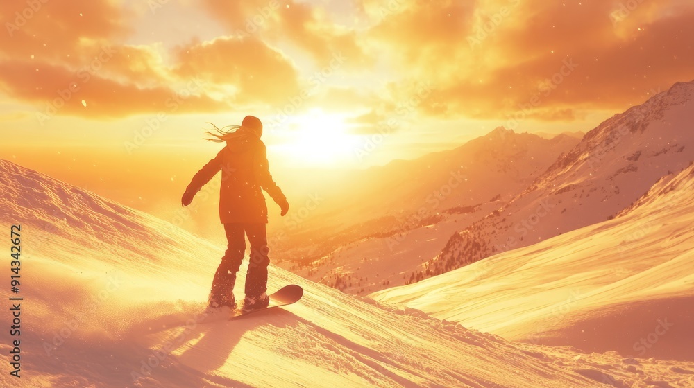 Silhouette of woman snowboarder jumping high above snowy mountain peak under vibrant sunset sky Silhouette of woman snowboarder jumping high above snowy mountain peak under vibrant sunset sky