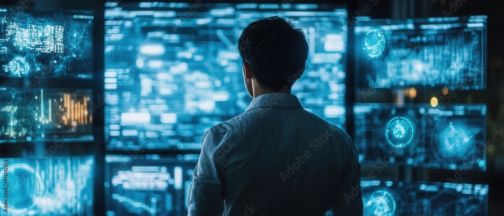 Asian cyber analyst surrounded by virtual reality panels displaying security breaches and firewall defenses Asian cyber analyst surrounded by virtual reality panels displaying security breaches and firewall defenses