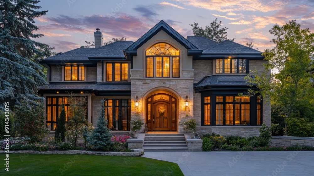 Classic home with a beautifully designed front door and traditional windows, warmly lit from within, creating a comforting and inviting atmosphere Classic home with a beautifully designed front door and traditional windows, warmly lit from within, creating a comforting and inviting atmosphere