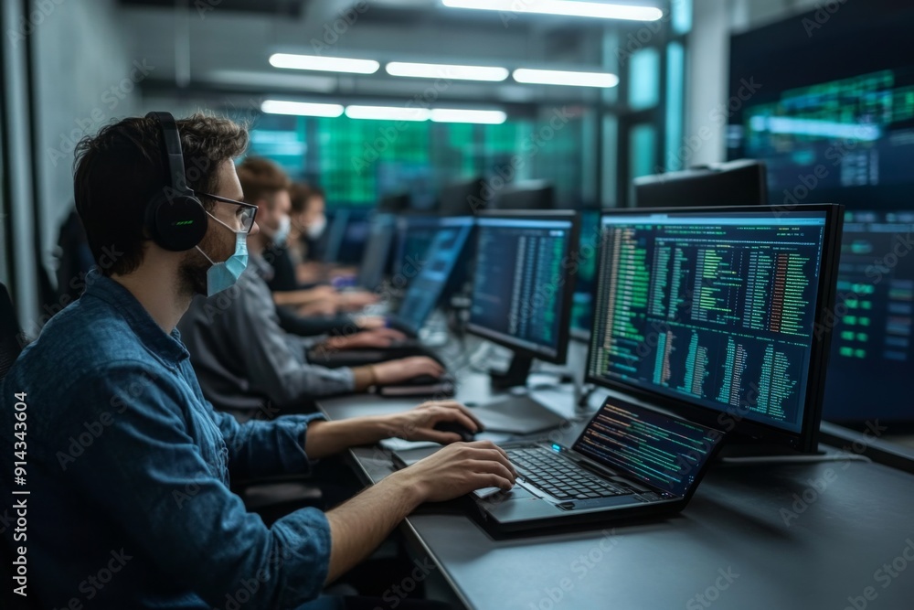 a group of IT professional working on the system and wear mask a group of IT professional working on the system and wear mask