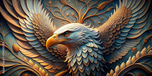 Beautiful Eagle 3d relief wallpaper. Mural wallpaper. Wall art. AI generated illustration.