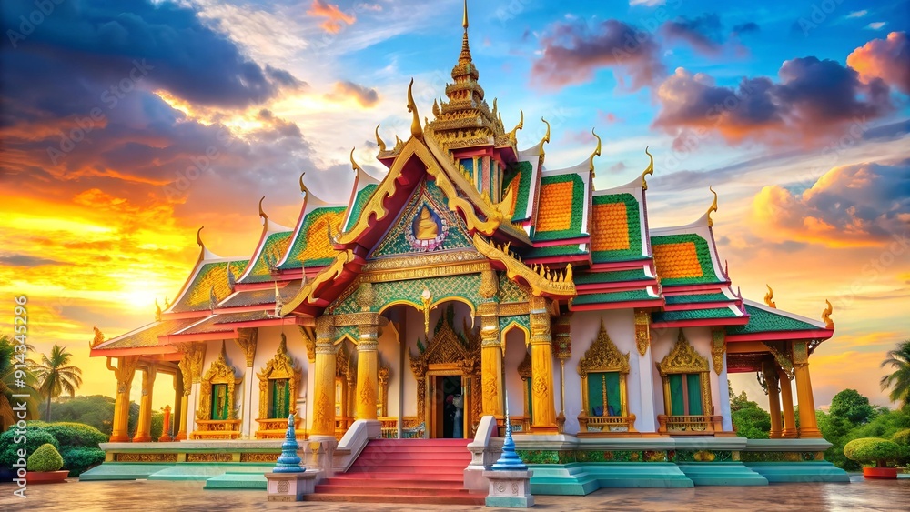 Fototapeta premium Vibrant Thai Temple Illustration Generative AI