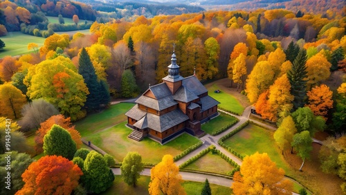 Mi?dzyg?rze's Wooden Sanctuary: A Bird's Eye View in Vibrant Autumn Hues  AI generated photo