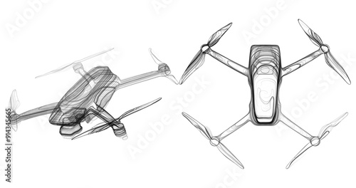 An abstract depiction of an unmanned drone in the sky, consisting of lines and shapes. The concept of the carcass of cars. Background