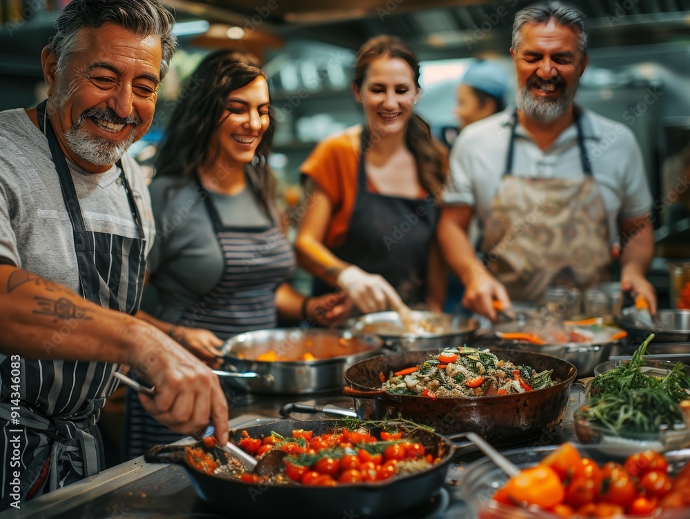 A group of adults participating in a lively cooking class, learning new recipes and techniques A group of adults participating in a lively cooking class, learning new recipes and techniques