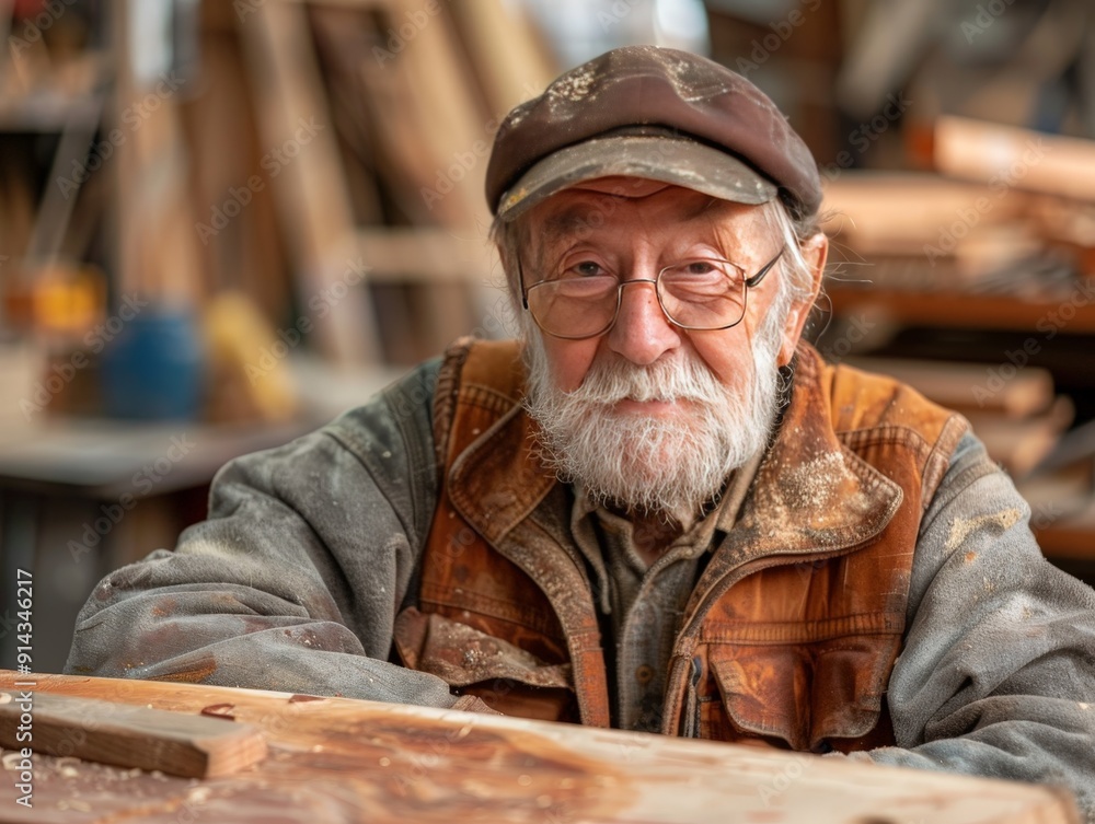 Close-up of a senior man focused on learning woodworking techniques in a workshop setting Close-up of a senior man focused on learning woodworking techniques in a workshop setting