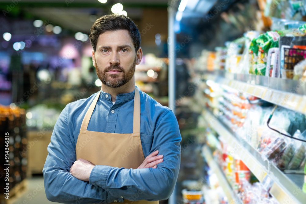 Male grocery store worker standing confidently in store aisle with arms crossed, wearing apron and blue shirt. Shelves stocked with various products visible in background, suggesting retail, business Male grocery store worker standing confidently in store aisle with arms crossed, wearing apron and blue shirt. Shelves stocked with various products visible in background, suggesting retail, business
