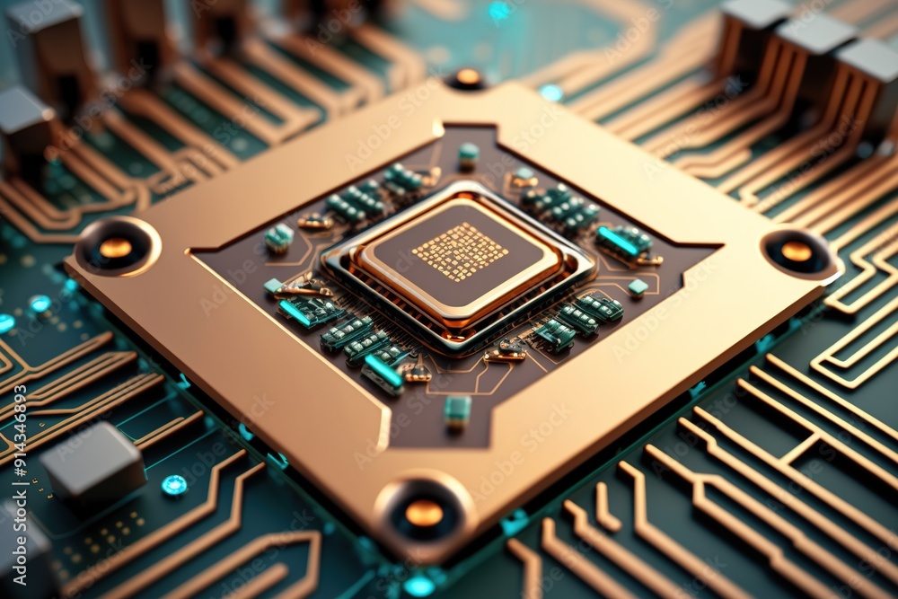 Closeup of a gold CPU chip on a green circuit board. Closeup of a gold CPU chip on a green circuit board.