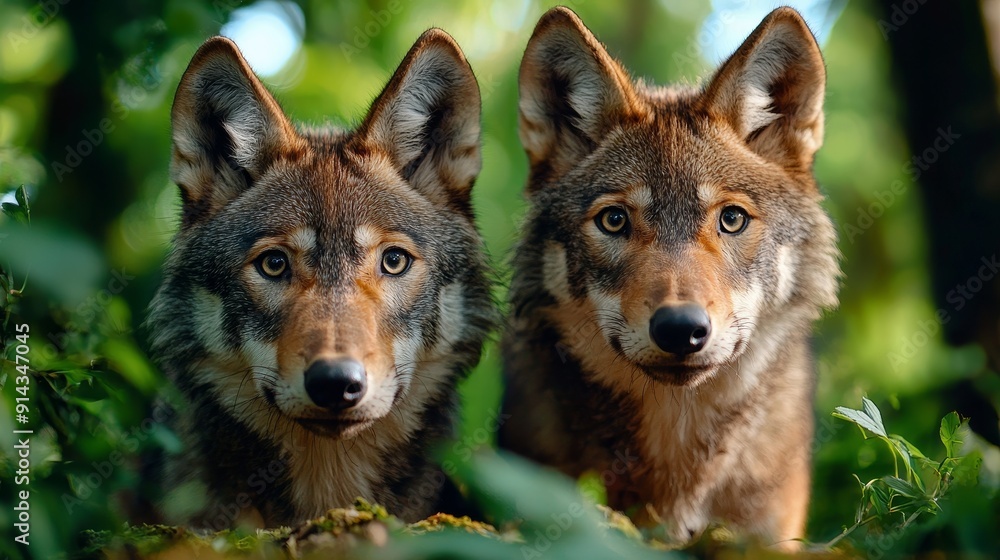 Two attentive wolves gaze through a lush forest, showcasing their striking fur and piercing eyes, embodying wild beauty and strength. Two attentive wolves gaze through a lush forest, showcasing their striking fur and piercing eyes, embodying wild beauty and strength.