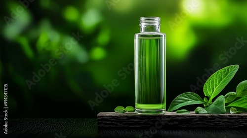 Transparent bottle with green liquid, surrounded by fresh leaves in a natural setting, ideal for wellness and beauty themes. photo