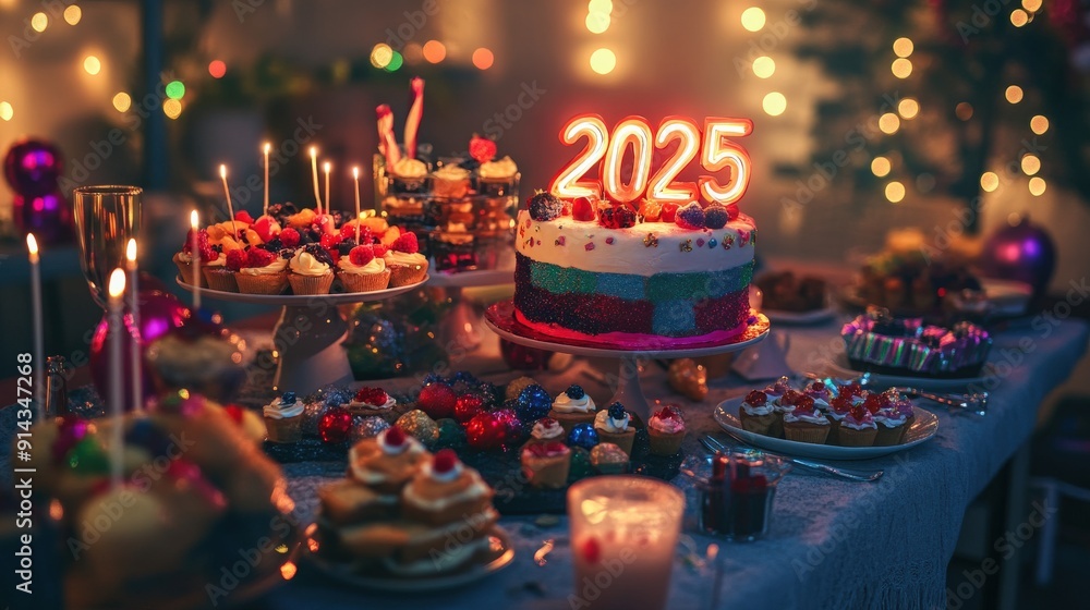 The table showcases an array of colorful desserts and a large cake with the year 2025 illuminated, creating a festive atmosphere for New Year's celebration, happy new year 2025 and merry christmas the The table showcases an array of colorful desserts and a large cake with the year 2025 illuminated, creating a festive atmosphere for New Year's celebration, happy new year 2025 and merry christmas the