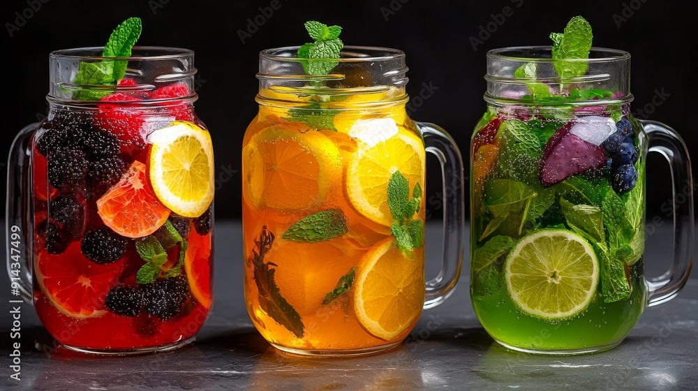 Vibrant drinks in mason jars with fruits and mint, perfect for refreshing summer occasions and healthy beverage ideas. Vibrant drinks in mason jars with fruits and mint, perfect for refreshing summer occasions and healthy beverage ideas.