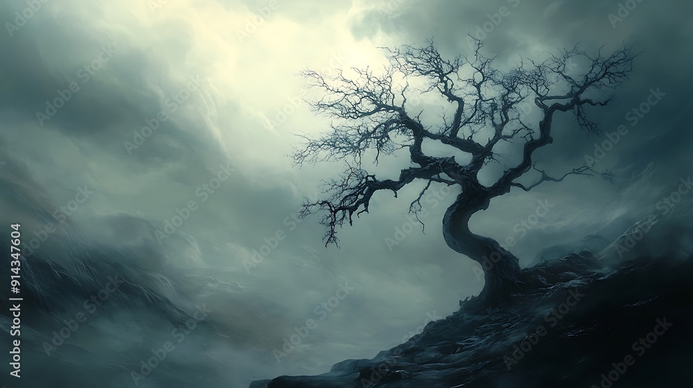 A lone, gnarled tree against a cloudy, misty sky A lone, gnarled tree against a cloudy, misty sky