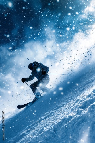 Skier skiing on a snowy mountain slope during the day. The skier, dressed in athletic gear and a bright helmet.