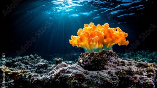 Vibrant orange coral thriving in a sunlit underwater environment, showcasing the beauty of marine life and ocean ecosystem. photo