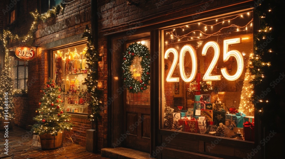 The shop window features bright lights, holiday decorations, and an array of colorful gifts, inviting customers to explore festive offerings, happy new year 2025 and merry christmas theme The shop window features bright lights, holiday decorations, and an array of colorful gifts, inviting customers to explore festive offerings, happy new year 2025 and merry christmas theme
