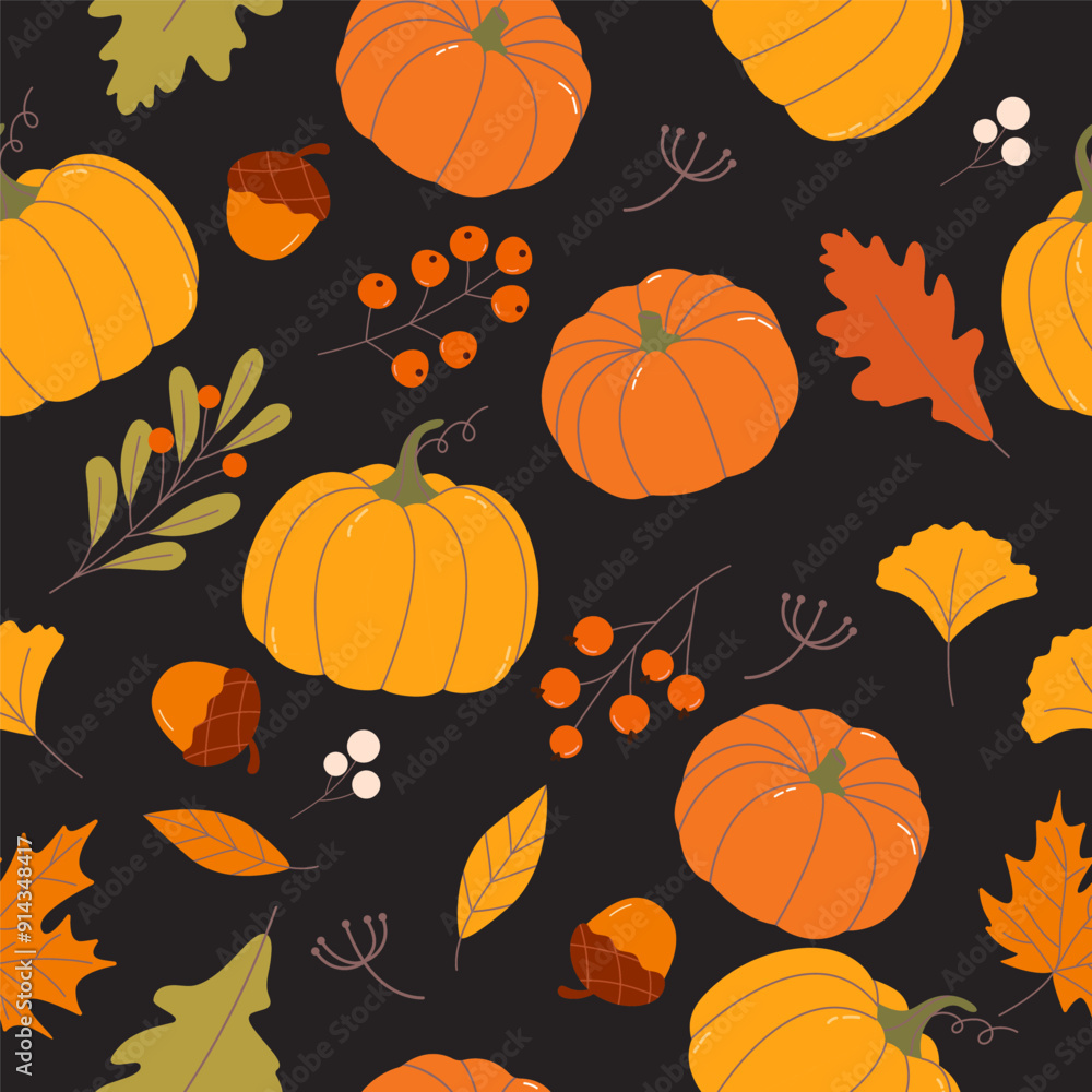 Autumn seamless pattern with autumn leaves, pumpkins and branches seamless pattern vector. Autumn themes, Halloween, Thanksgiving design elements, flat Autumn seamless pattern with autumn leaves, pumpkins and branches seamless pattern vector. Autumn themes, Halloween, Thanksgiving design elements, flat