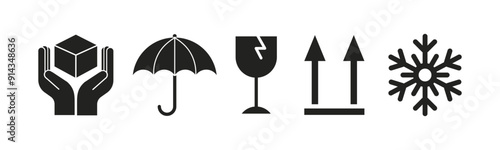 Set of fragile cargo icons isolated on background. Fragile package warning signs, logistics delivery shipping special labels. Box in hands, umbrella, glass, side up box, snowflake