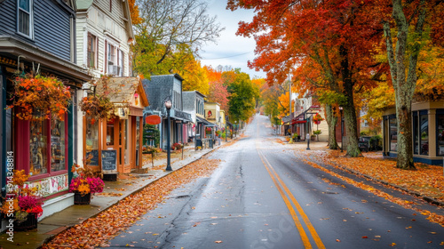 Fototapeta Naklejka Na Ścianę i Meble -  Autumn leaves blanket the quiet street of a charming small town in October