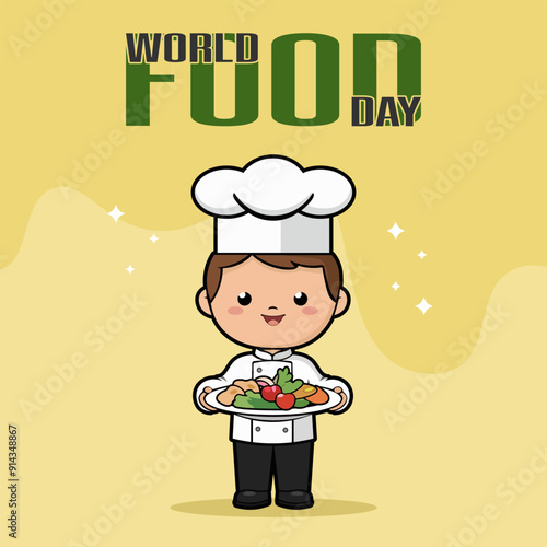 World Food Day On October 16 Background Design.  Cartoon Chef with Food Plate Vector Design for World Food Day.