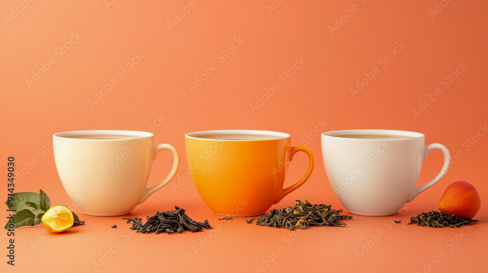 Three cups of tea in varying colors with loose tea leaves and citrus fruits on a peach background Three cups of tea in varying colors with loose tea leaves and citrus fruits on a peach background