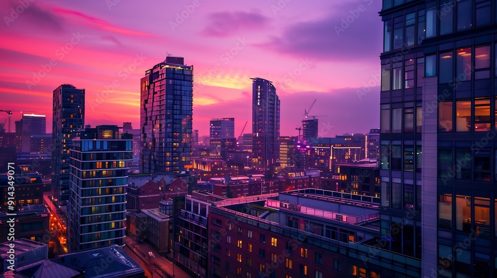 Fototapeta premium City Skyline at Twilight with Vibrant Pink Sky
