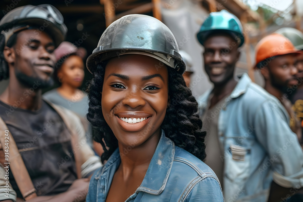 A smiling woman construction worker with a hard hat on, standing in front of a group of workers. A smiling woman construction worker with a hard hat on, standing in front of a group of workers.