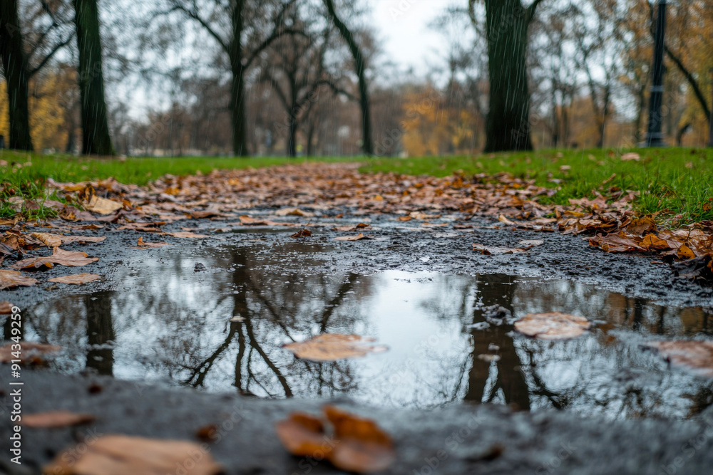 A serene park pathway reflecting autumn leaves and trees after rainfall on a cloudy day A serene park pathway reflecting autumn leaves and trees after rainfall on a cloudy day