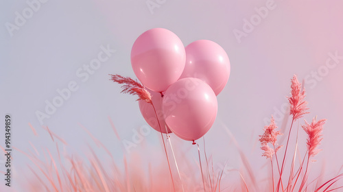 Four pink balloons float gracefully in a serene outdoor scene above a softcolored field, creating a feeling of calm beauty and happy festivities in the tranquil environment photo