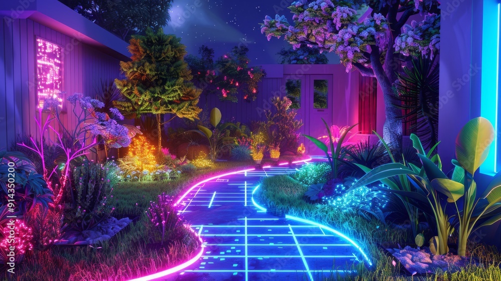 Fototapeta premium retro futuristic front lawn at night, viewed from a top-down perspective.