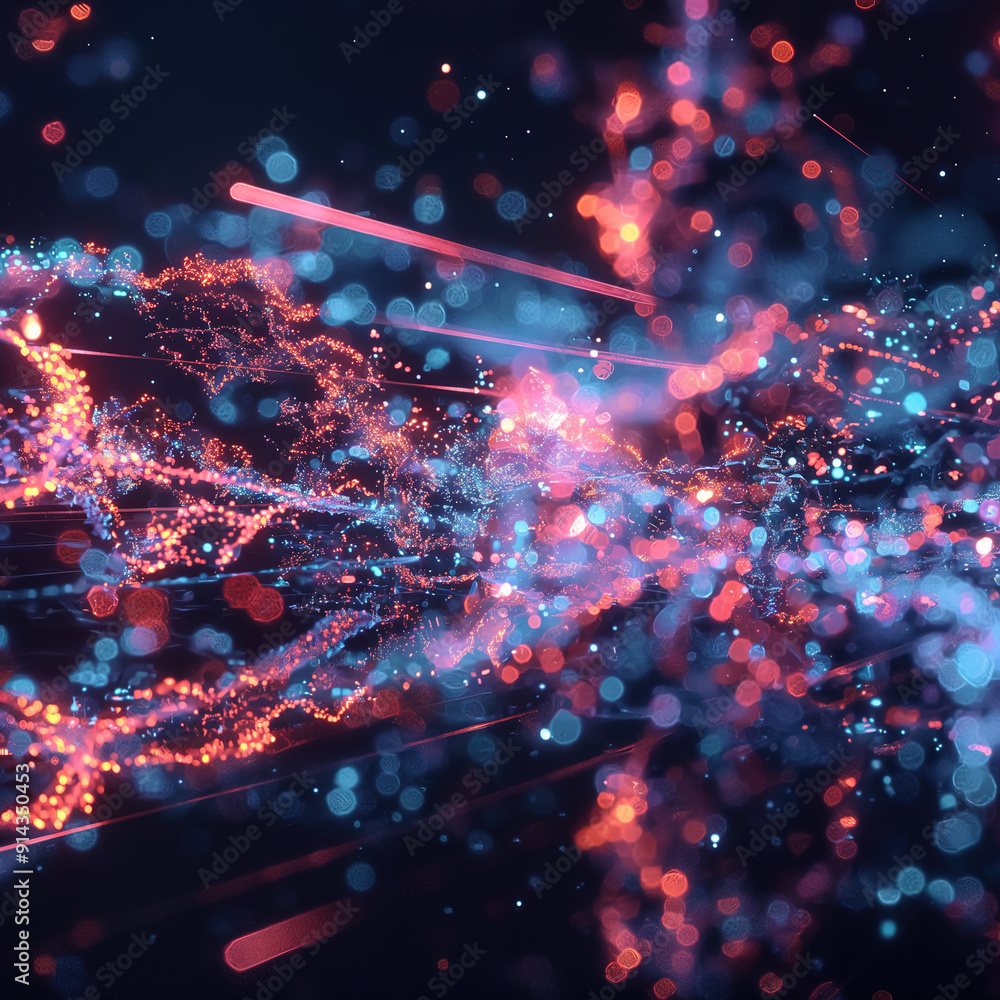An abstract image featuring a dynamic interplay of glowing particles and light trails in vibrant colors. The primary colors are shades of blue and red, creating a lively and captivating visual effect. An abstract image featuring a dynamic interplay of glowing particles and light trails in vibrant colors. The primary colors are shades of blue and red, creating a lively and captivating visual effect.