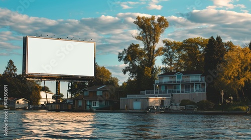 Billboard Near Waterfront Houses Surrounded by Trees and Blue Sky at Dusk