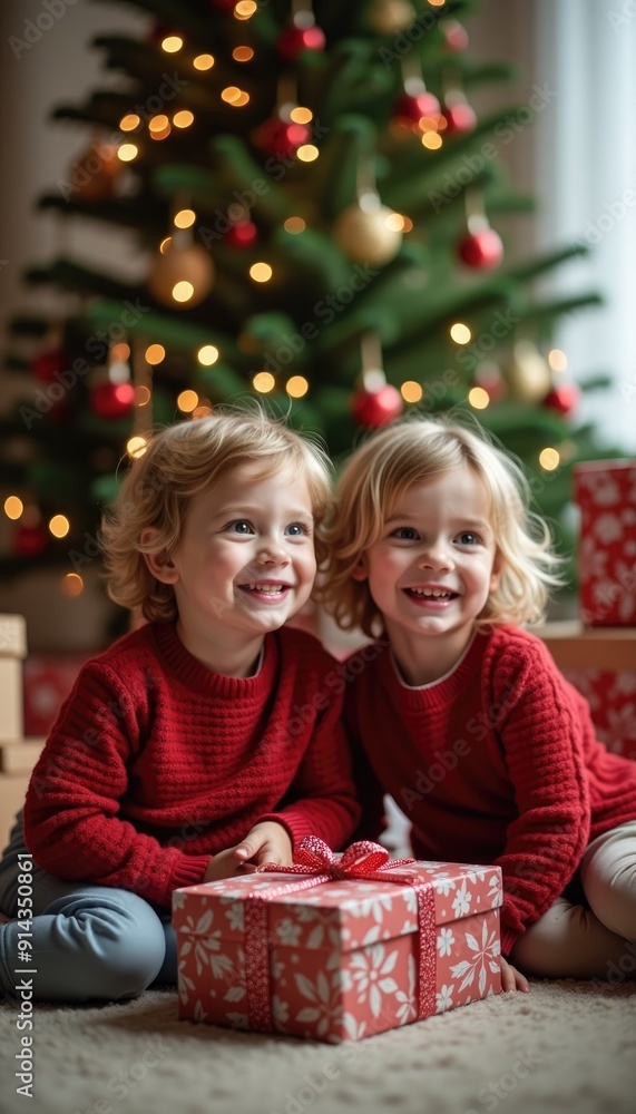 Two smiling children sitting in front of a decorated Christmas tree surrounded by wrapped gifts. Christmas celebration and holiday family concept.Design for poster, banner, greeting card, invitation. Two smiling children sitting in front of a decorated Christmas tree surrounded by wrapped gifts. Christmas celebration and holiday family concept.Design for poster, banner, greeting card, invitation.