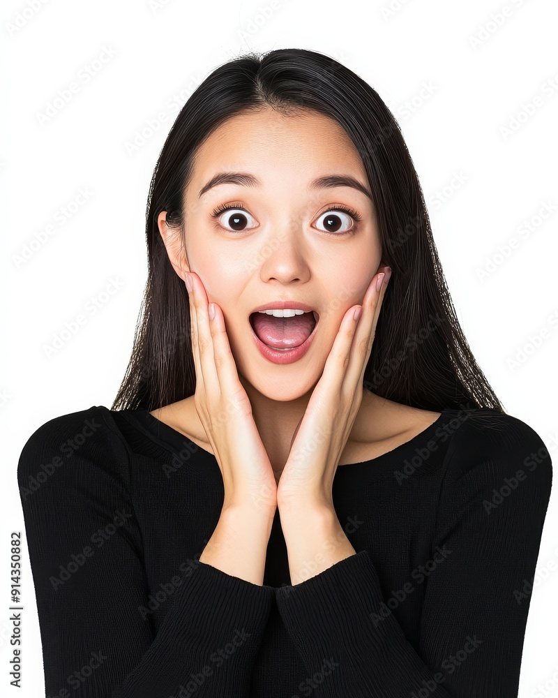 A woman beams with excitement, her hands resting on her cheeks in surprise A woman beams with excitement, her hands resting on her cheeks in surprise