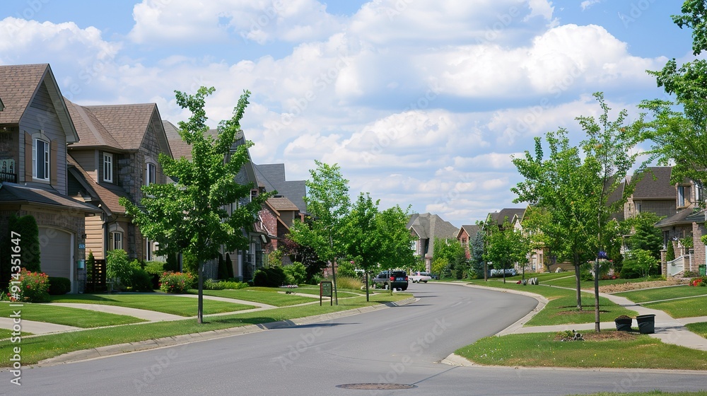 Tranquil Suburban Neighborhood With Lush Greenery and Clear Blue Sky in Midday Sunlight Tranquil Suburban Neighborhood With Lush Greenery and Clear Blue Sky in Midday Sunlight