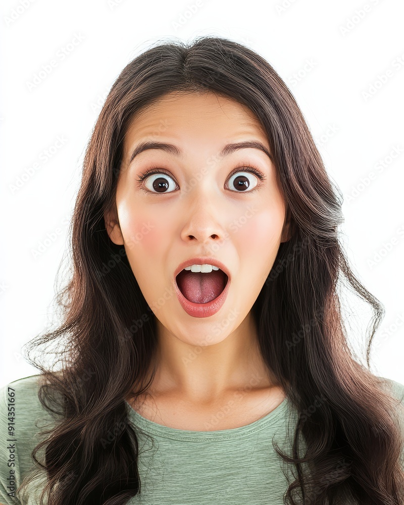 A joyful woman with expressive eyes and flowing hair shows her excitement A joyful woman with expressive eyes and flowing hair shows her excitement