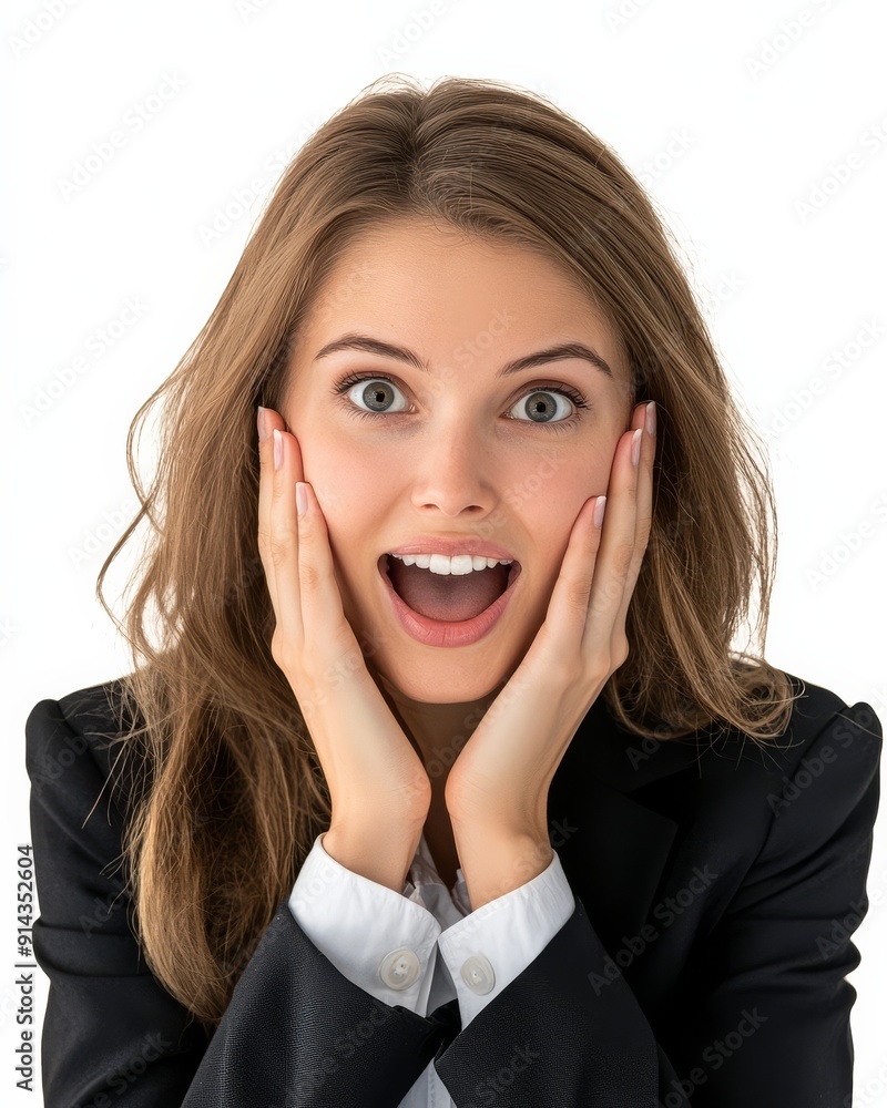 A woman shows excitement with wide eyes and a bright smile A woman shows excitement with wide eyes and a bright smile