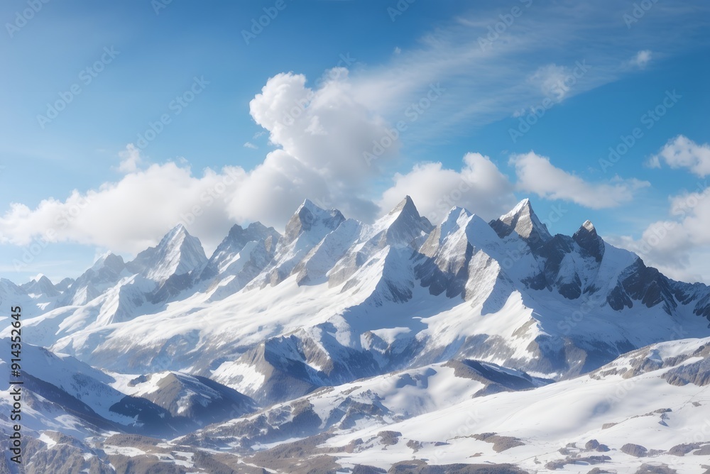 Obraz premium Snowy mountains at sun day. Caucasus Mountains. View from ski resort Dombay. 