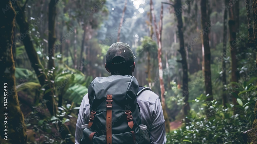 Adventure Seeker Hiking Through Lush Green Forest Surrounded by Tall Trees and Misty Atmosphere Adventure Seeker Hiking Through Lush Green Forest Surrounded by Tall Trees and Misty Atmosphere