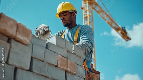 A bricklayer with a trowel in uniform and safety helmet equipment working on a construction site building a brick wall on a sunny day. A tower crane can be seen in the background. photo