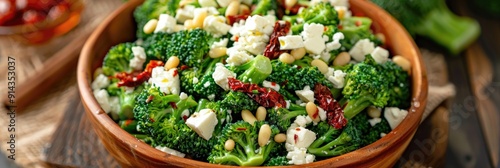 Healthy Broccoli Salad with Feta Cheese Sun Dried Tomatoes and Pine Nuts for Vegetarian Low Carb Keto Diet