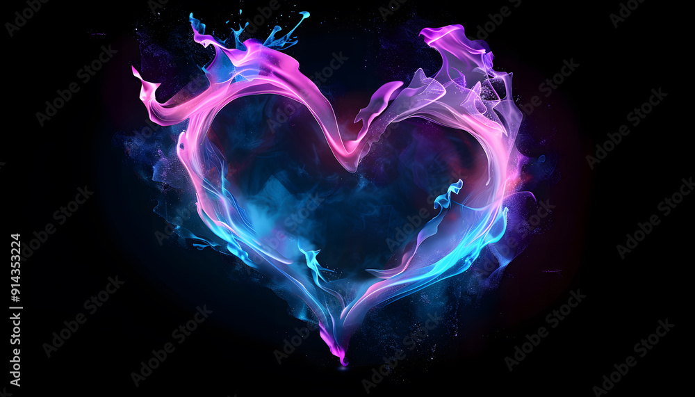 Pink heart in blue fire love neon background design Pink heart in blue fire love neon background design