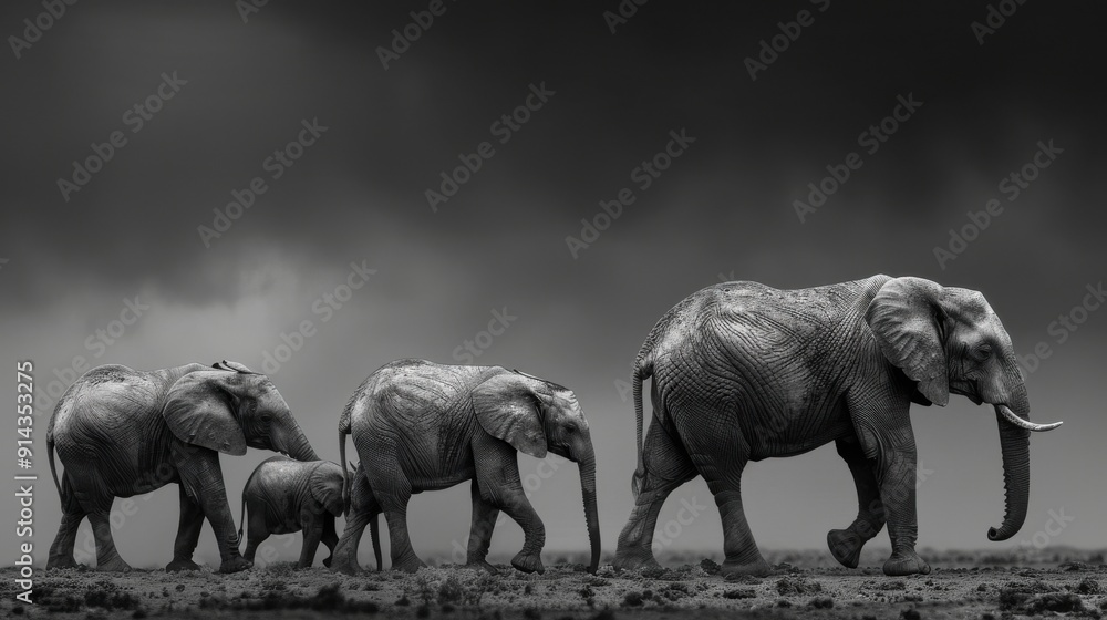 Fototapeta premium Elephant Family Walking Through Savannah.