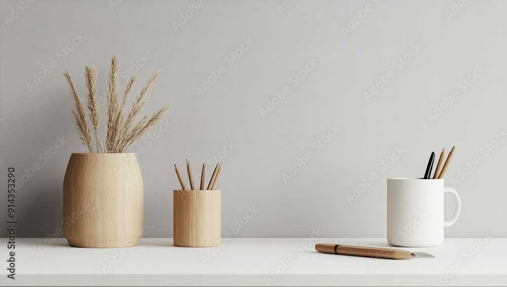 Minimalist Workspace Concept: White Desk, Pen Holder, and Mug Against Grey Wall Minimalist Workspace Concept: White Desk, Pen Holder, and Mug Against Grey Wall