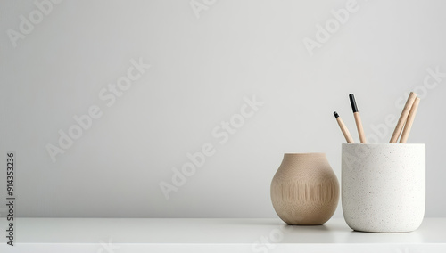 Minimalist Workspace Concept: White Desk, Pen Holder, and Mug Against Grey Wall