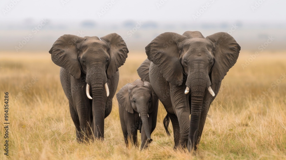 Fototapeta premium Elephant Family Walking Through Savannah.