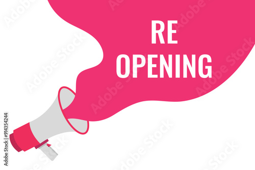 re opening button, banner, label, template for website. re opening text with colorful megaphone icon
